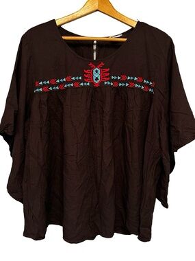 Ariat Boho Western Embroidered Blouse XL Brown Top Southwestern Tribal Detail